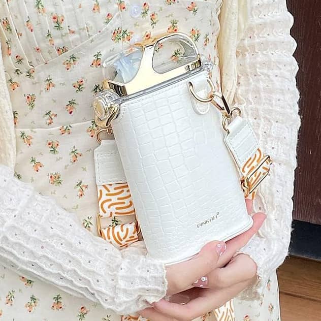 Elegant Water Bottle with Pouch-White