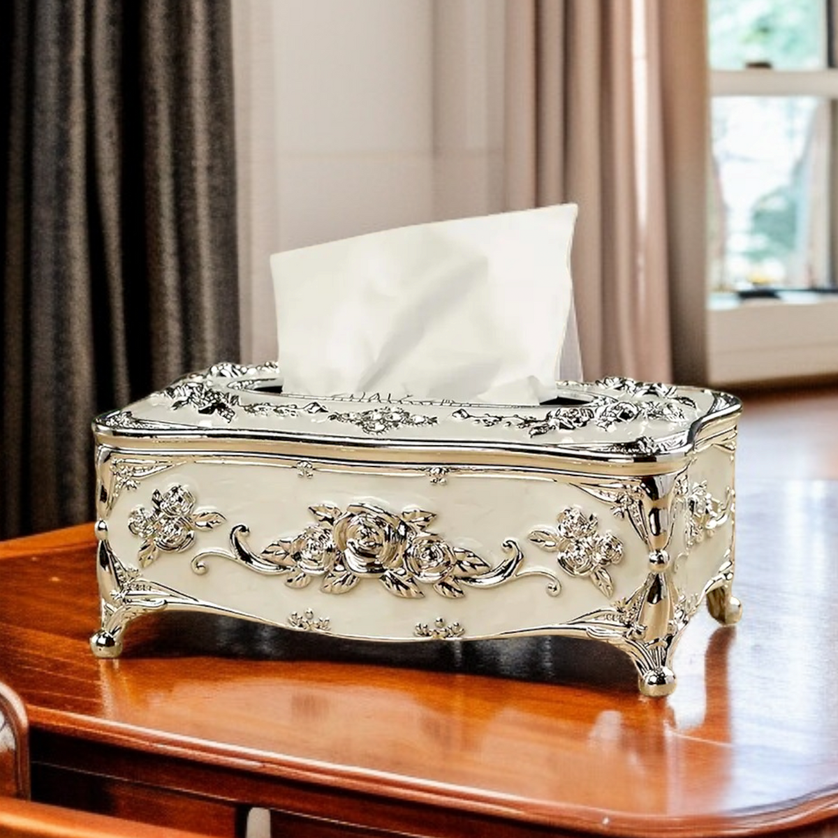 European Style Tissue Paper Box Case-White Silver