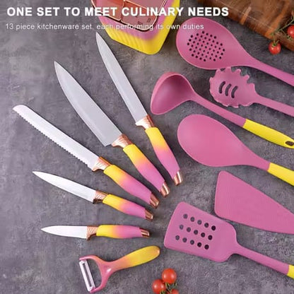 13-piece Kitchen Knife and Utensils Set(Purple&Yellow)